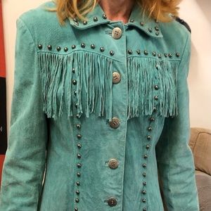 3B West Suede Light Teal Fringe Jacket